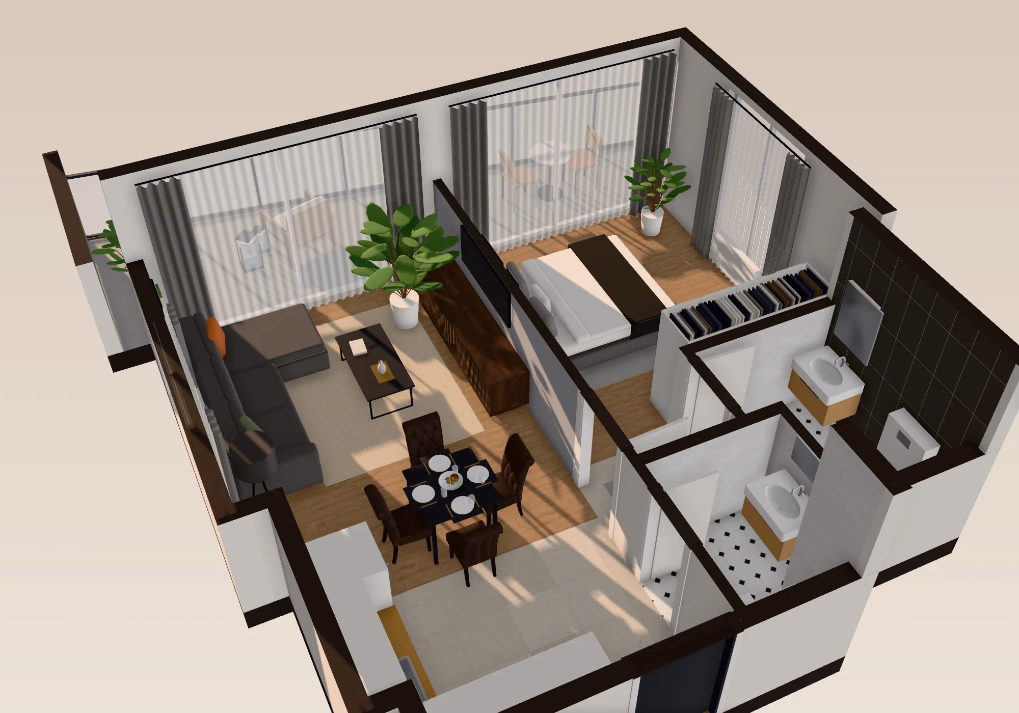 Furnished 3D floor plan of a one-bedroom apartment, cut open