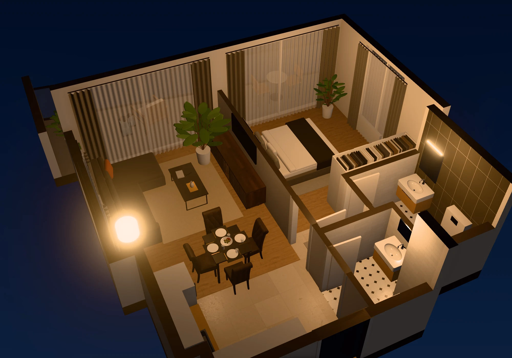 A furnished apartment cut open at night with the lamps on