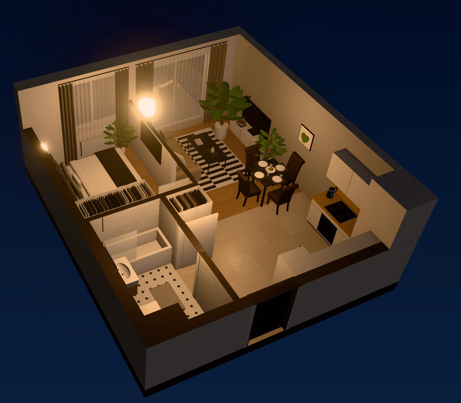 A furnished two-room apartment cut open at night, lamps on, rendered in InsideWalk