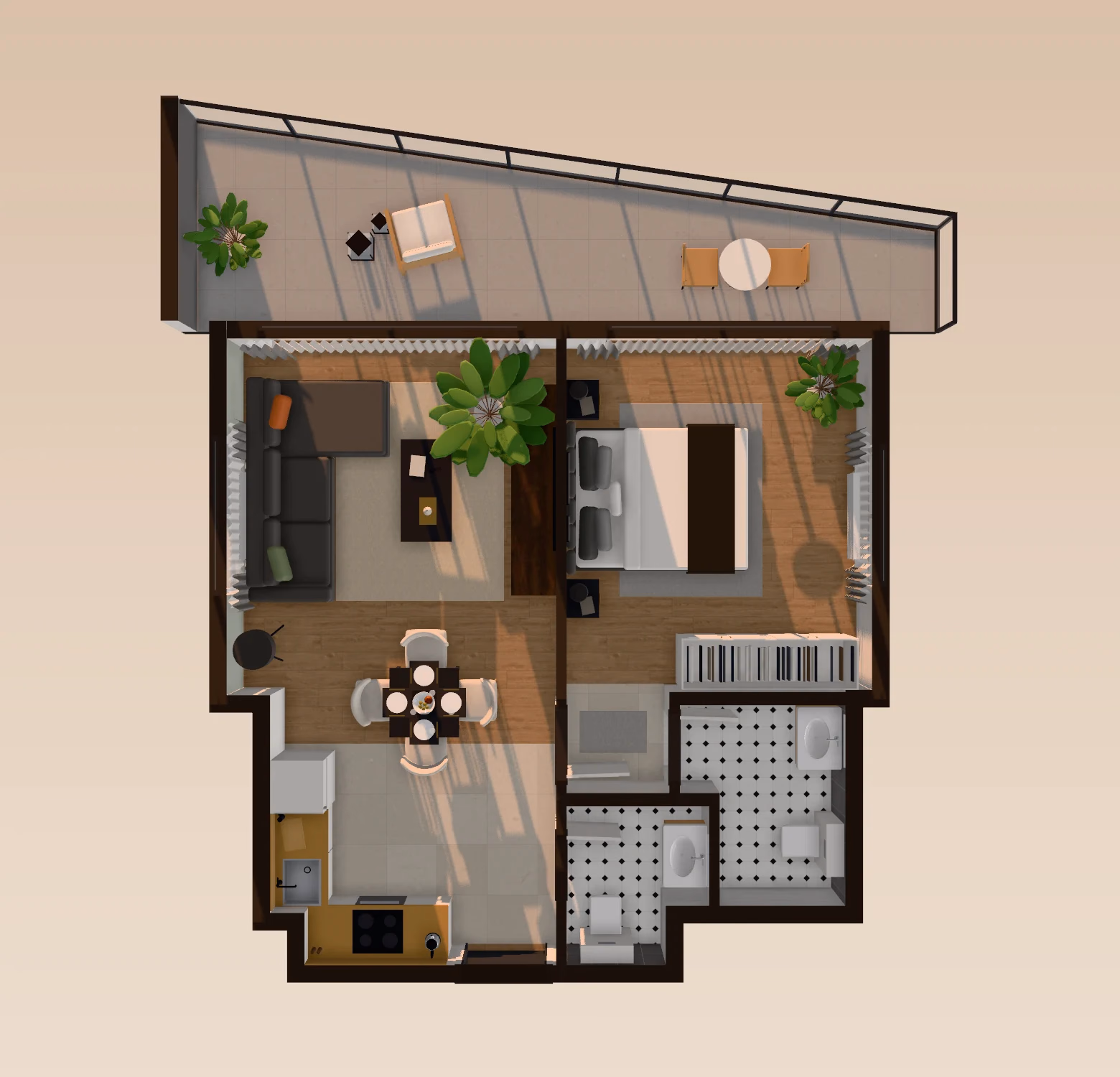 Top-down floor plan with late-afternoon sun across the living room