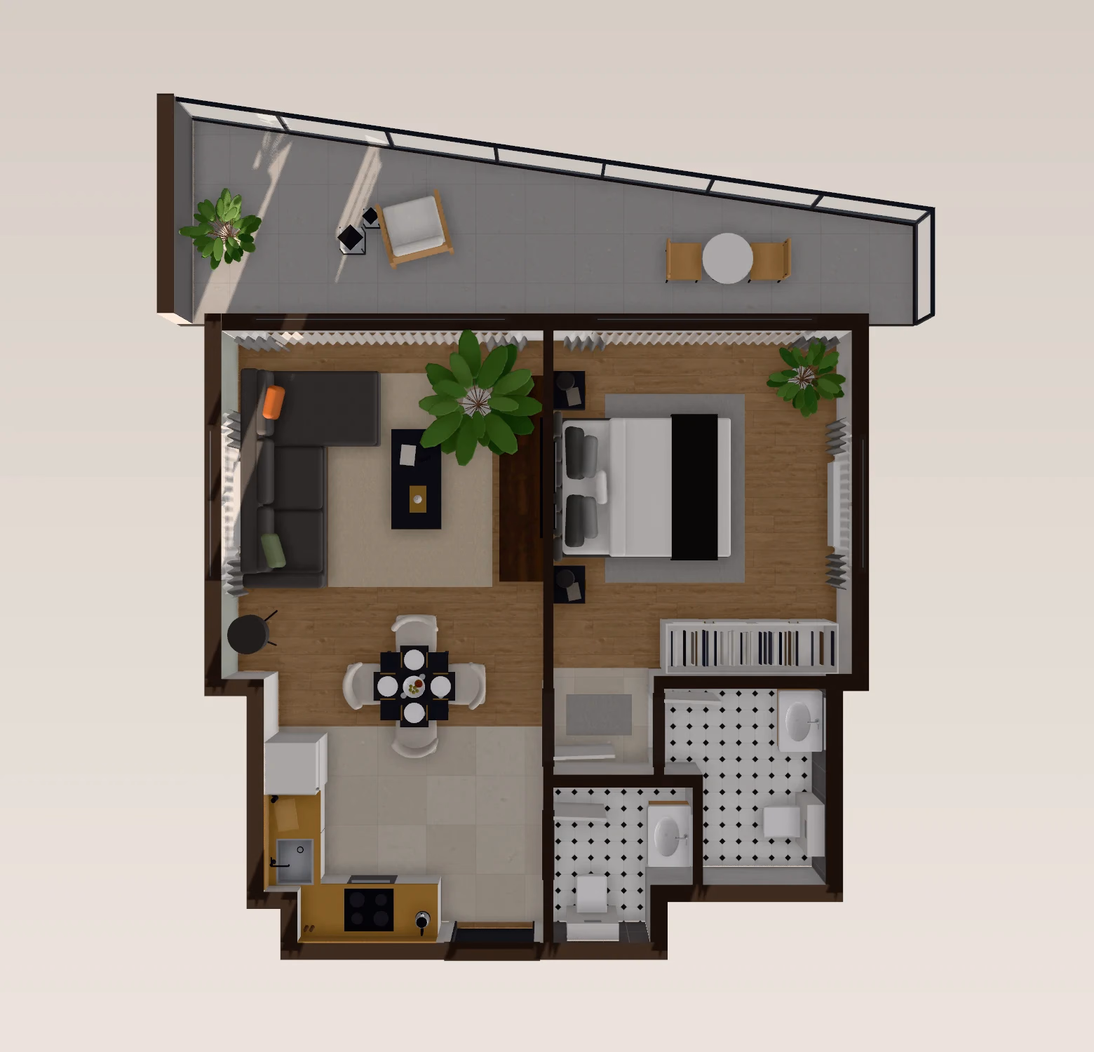 Floor plan in the morning with sun through the balcony doors