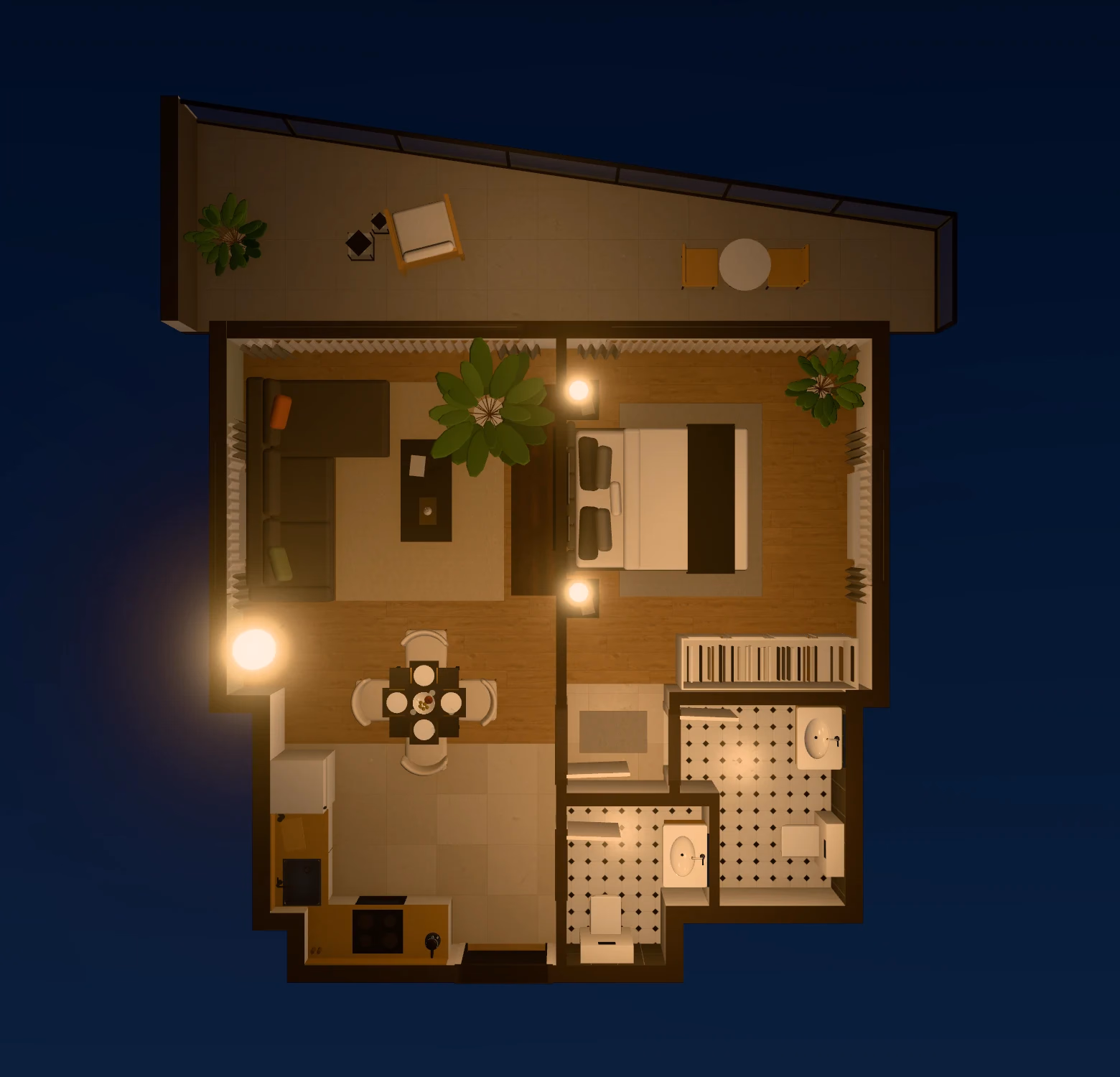 Floor plan at night with the lamps lit