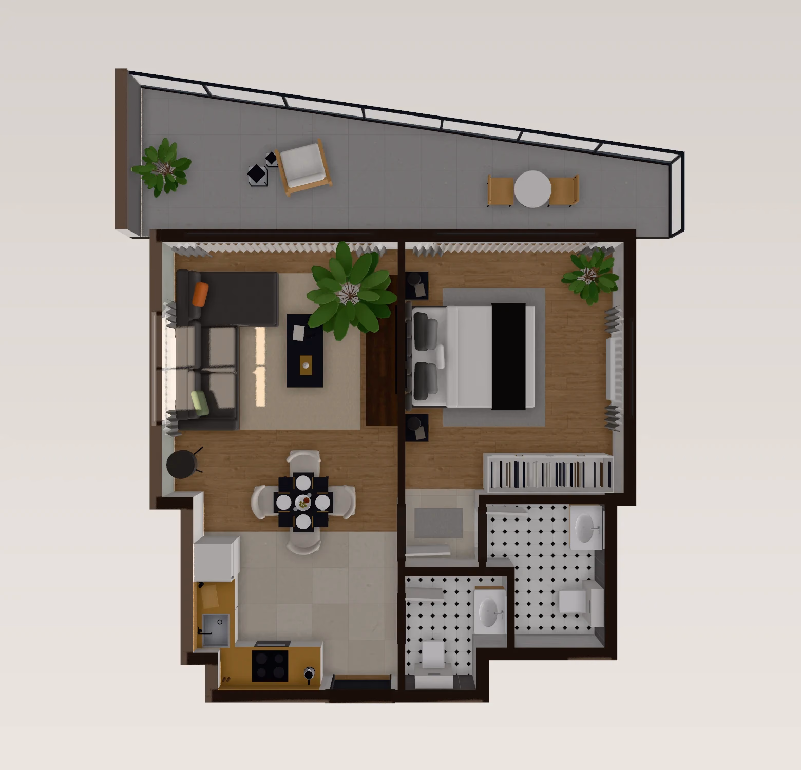 Top-down 3D floor plan of a one-bedroom apartment with furniture and sunlight