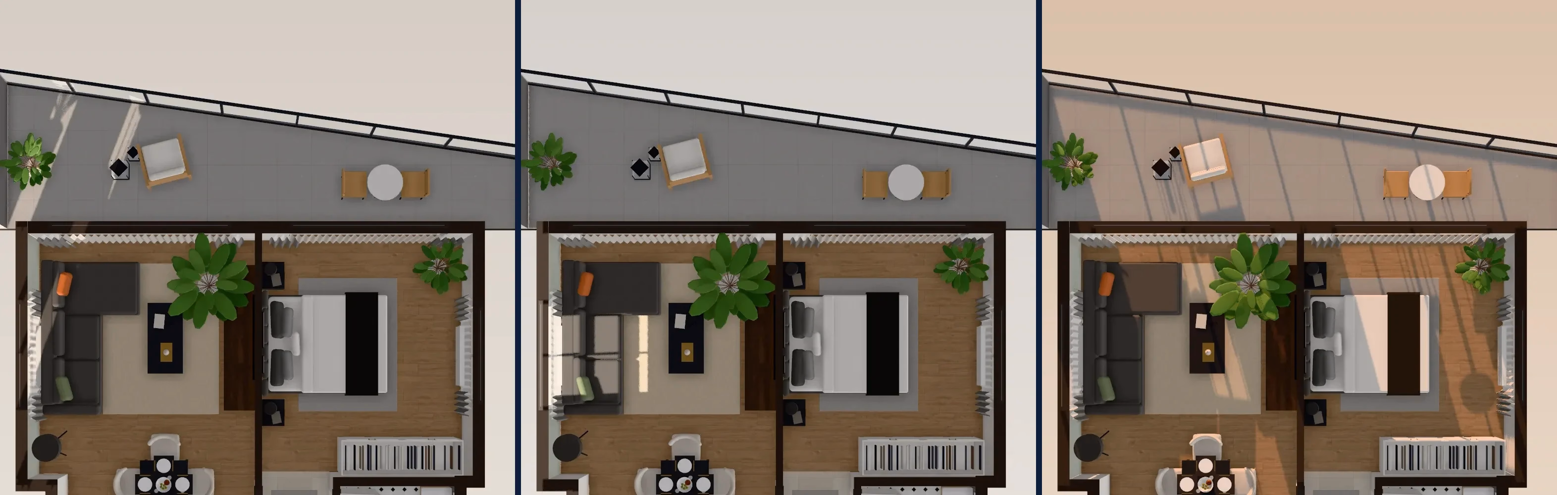 The same floor plan in the morning, at noon and in the late afternoon