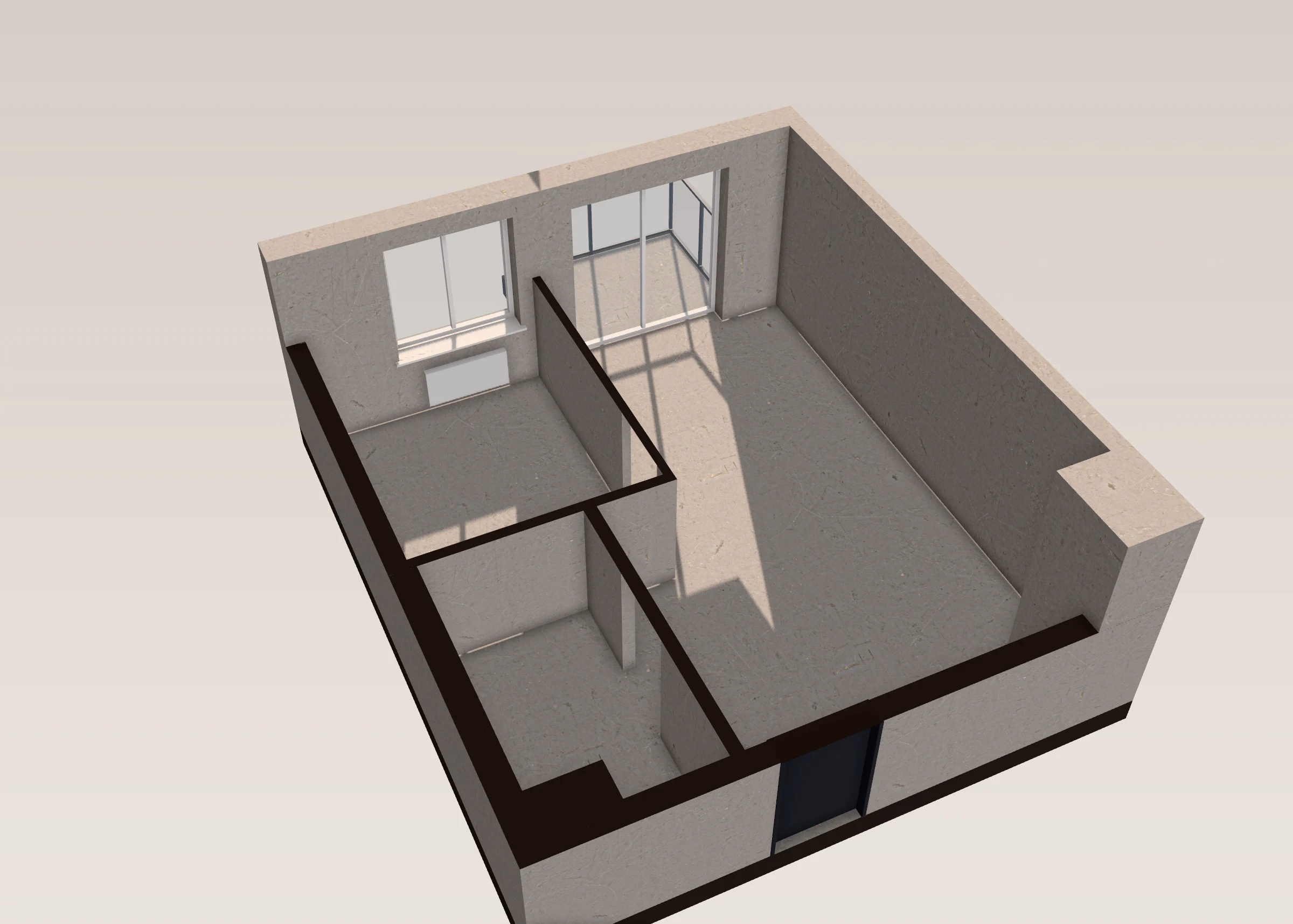 The same apartment in 3D as a bare concrete shell