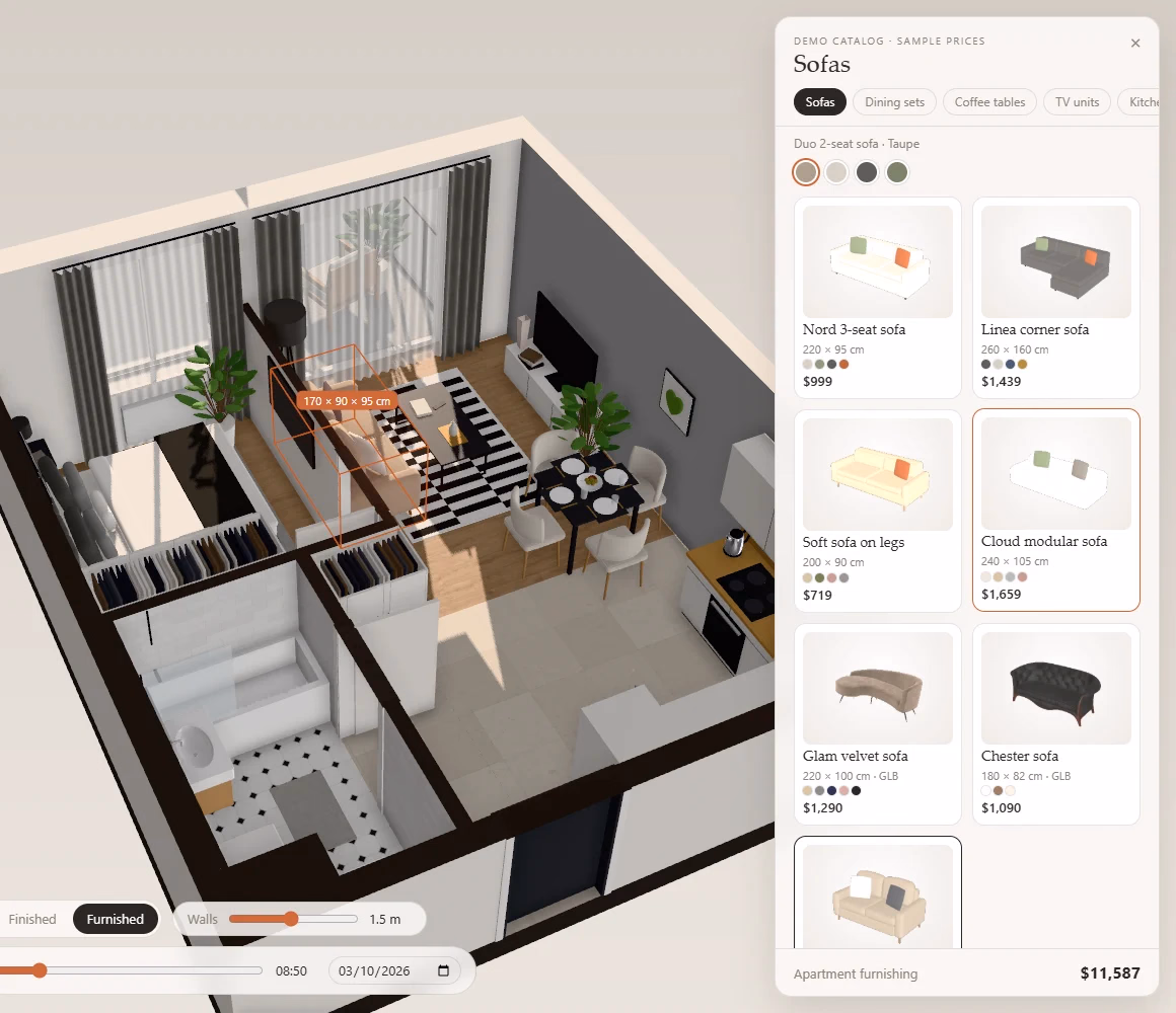 Interactive floor plan with the furniture catalogue open and prices for each sofa