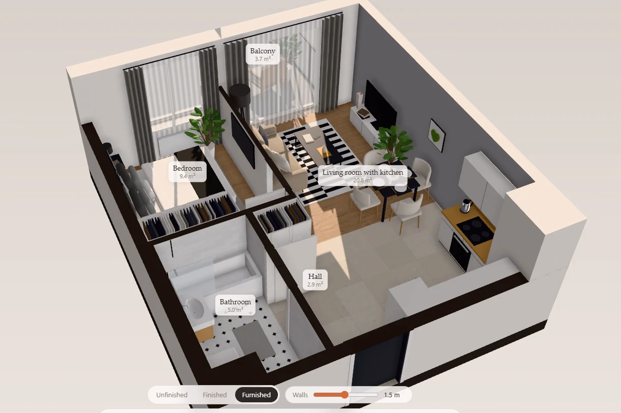 Cutaway 3D view of an apartment with room labels and the viewer controls