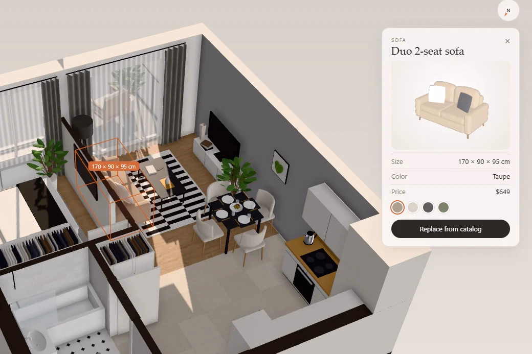 A sofa selected in the 3D floor plan, with its size, colours and price