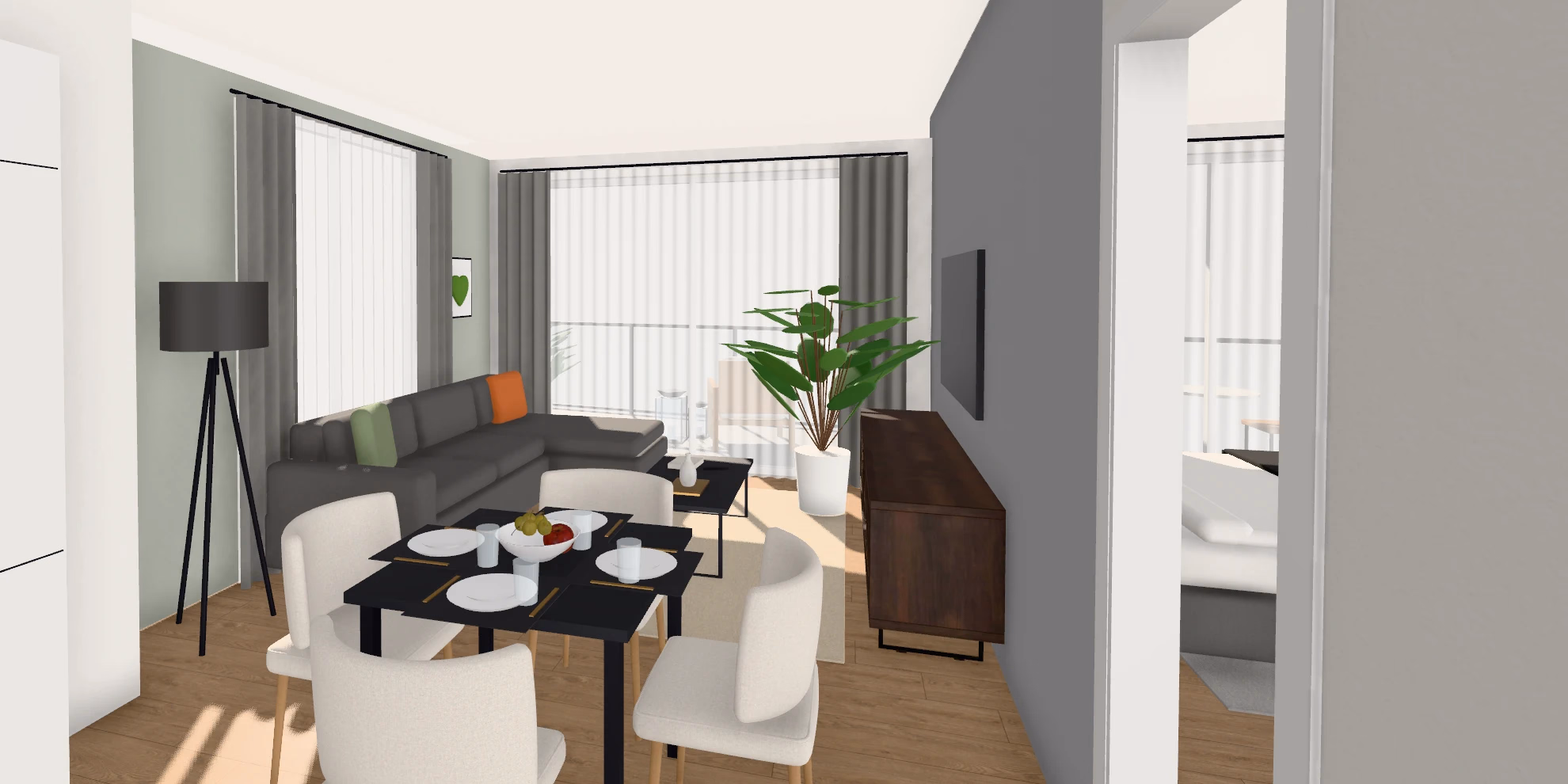 Eye-level virtual tour of the living and dining room of a one-bedroom apartment